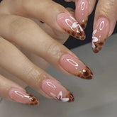 Pink French Style False Nails White Flower Printed Short Square Head Press on Nails Simple Wearable Artificial Nails Art 24Pcs